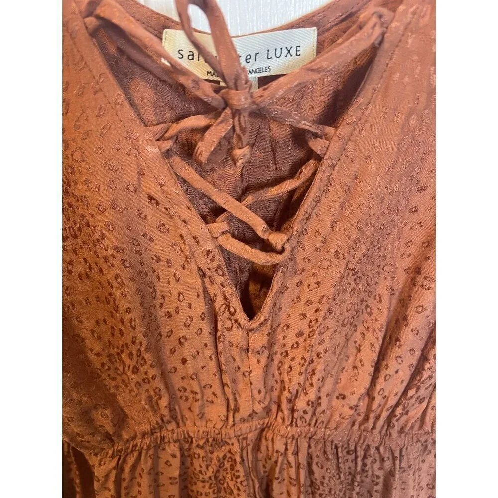 Saltwater Luxe Romper Large Sleeveless V-Neck Tie Short Copper Orange Brown - Picture 3 of 6